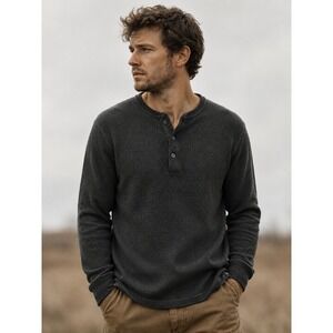 2024 Marine Layer Henley Sweater Mens M Charcoal Merino Wool Cotton Waffle
